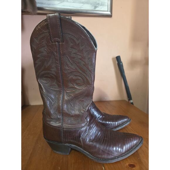 Justin Iguana Lizard And Leather Womens Cowboy Boots Chocolate Size 8B Roundtoe - Picture 1 of 7